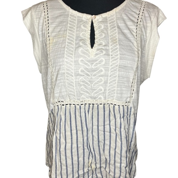 Skies Are Blue Tops - Skies Are Blue Cream and Navy Embroidered Blouse